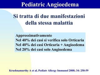 Pediatric Angioedema
Krushnamurthy A et al, Pediatr Allergy Immunol 2008; 34: 250-59
Approssimativamente
Nel 40% dei casi si verifica solo Orticaria
Nel 40% dei casi Orticaria + Angioedema
Nel 20% dei casi solo Angioedema
Si tratta di due manifestazioni
della stessa malattia
 