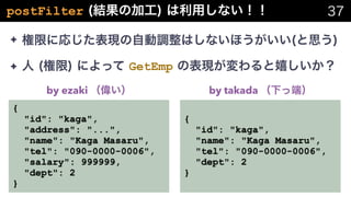 #cmdevio #cmdevio2
postFilter
✦
✦ GetEmp
{
"id": "kaga",
"address": "...",
"name": "Kaga Masaru",
"tel": "090-0000-0006",
"salary": 999999,
"dept": 2
}
{
"id": "kaga",
"name": "Kaga Masaru",
"tel": "090-0000-0006",
"dept": 2
}
by ezaki by takada
 