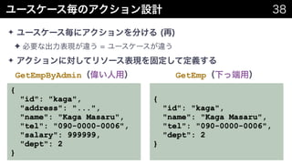 #cmdevio #cmdevio2
✦
✦
✦
GetEmpByAdmin GetEmp
{
"id": "kaga",
"address": "...",
"name": "Kaga Masaru",
"tel": "090-0000-0006",
"salary": 999999,
"dept": 2
}
{
"id": "kaga",
"name": "Kaga Masaru",
"tel": "090-0000-0006",
"dept": 2
}
 