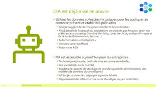 L'IA est déjà mise en œuvre
• Utiliser les données collectées historiques pour les appliquer au
contexte présent et établir des prévisions
✓Google suggère des termes pour compléter des recherches
✓Fils d’actualités Facebook ou suggestions de produits par Amazon, selon nos
préférences constatées (nombre de clicks, zones de clicks, analyse d’images et
de la durée d’observation, lecture…)
✓Automatisation « intelligente »
✓Voitures sans chauffeurs
✓Automates AGV
• l'IA est accessible aujourd’hui pour les entreprises :
✓Technologie éprouvée, coûts de mise en œuvre abordables,
✓des spécialistes sur le marché,
✓Big data et capacité de stockage de grandes quantités d’information, des
modèles de données plus intelligents
✓IoT (objets connectés) déployés à grande échelle
✓Déploiement des infrastructure sur le cloud (pas ou peu de limites)
13 COMPETENSIS est une marque déposée
 