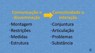§Montagem
§Restrições
§Medidas
§Estrutura
§Conjuntura
§Articulação
§Problemas
§Substância
 