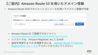 © 2019, Amazon Web Services, Inc. or its Affiliates. All rights reserved.
•
•
https://docs.aws.amazon.com/ja_jp/Route53/latest/DeveloperGuide/registrar-tld-list.html
•
•
 