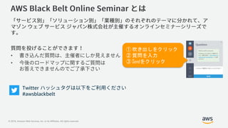 © 2019, Amazon Web Services, Inc. or its Affiliates. All rights reserved.
•
•
① 吹き出しをクリック
② 質問を入力
③ Sendをクリック
Twitter
#awsblackbelt
 