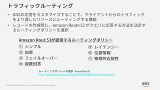 © 2019, Amazon Web Services, Inc. or its Affiliates. All rights reserved.
•
•
ルーティングポリシーの選択 - Amazon Route 53
https://docs.aws.amazon.com/ja_jp/Route53/latest/DeveloperGuide/routing-policy.html
 