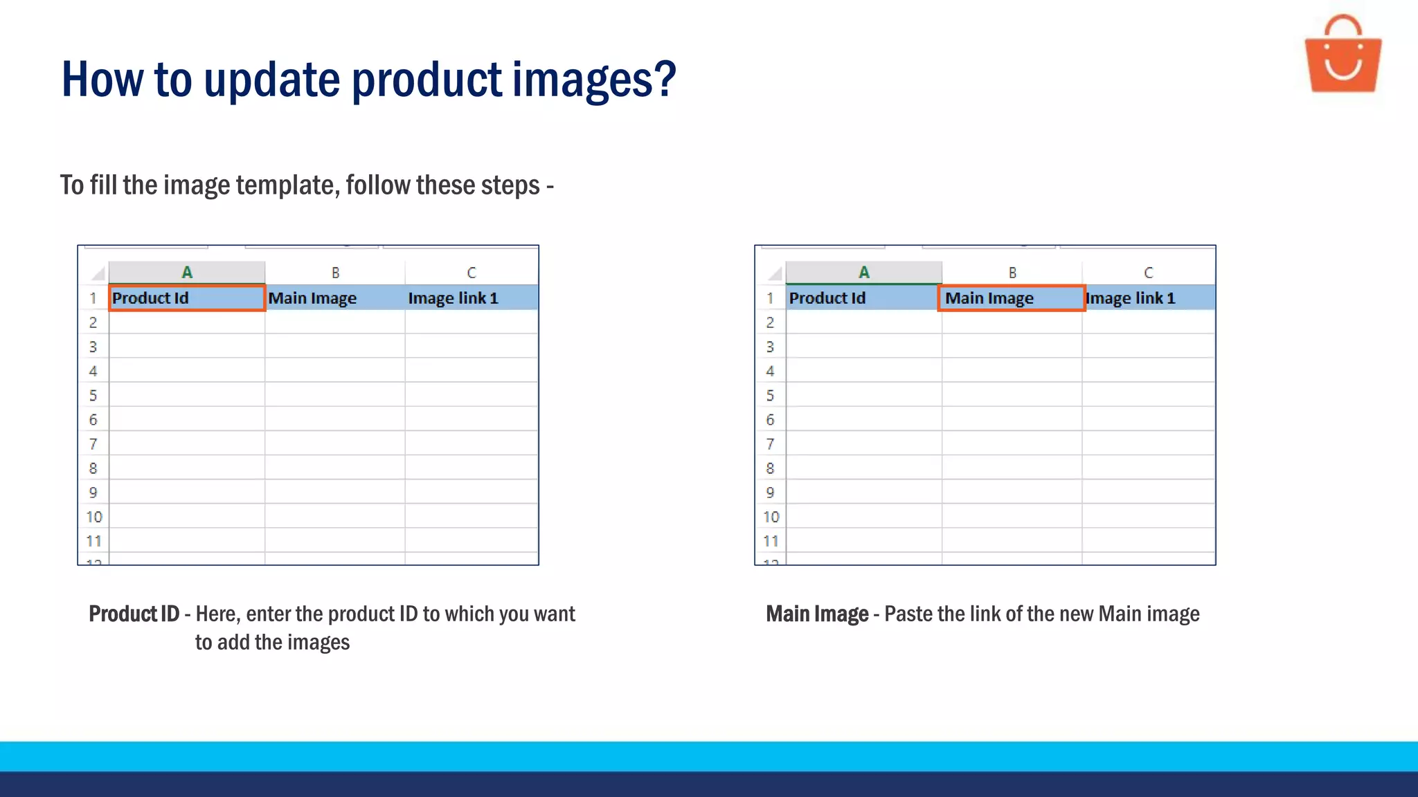 How to update product images?
Product ID - Here, enter the product ID to which you want
to add the images
Main Image - Paste the link of the new Main image
To fill the image template, follow these steps -
 