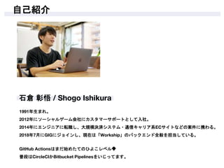 自己紹介
1991年生まれ。
2012年にソーシャルゲーム会社にカスタマーサポートとして入社。
2014年にエンジニアに転職し、大規模決済システム・通信キャリア系ECサイトなどの案件に携わる。
2018年7月にGIGにジョインし、現在は「Workship」のバックエンド全般を担当している。
GitHub Actionsはまだ始めたてのひよこレベル🐥
普段はCircleCIかBitbucket Pipelinesをいじってます。
 