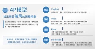 商品的定位、價值，對用戶來說，有什麼樣的感受與差異性。
對於目標用戶來說，商品主要的消費群，是屬於哪種消費層，
例如：高階、中階、低階、特殊、小眾、大眾等。
消費者從哪個通路點接觸到，通路中的流量、轉化率、
回購率等數據，又以哪些通路為主要發展。
對目標族群來說，什麼樣的促銷手段，能夠打動目標族群的心動點，
例如：低價消費者，以價格敏感為驅動，通過價格來作為促銷誘因。
主力商品的運營上，可以用4P模型來檢視，現有的發展
力道，是否有集中，還是在哪些環節，需要強化，又或
者，哪些布局點需要撤除。
4P模型
這些方式，主要以消費者「在意」的價值點
為驅動行為的誘因，以此來強化消費動力
Price
產品
價格
通路
促銷
Product
Place
Promotion
找出商品破局的策略規劃
 