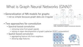 What is Graph Neural Networks (GNN)?
• Generalization of NN models for graphs
• not so simple because graph data are irregular
• Two approaches for convolution
• Spectral-based convolution
• removing noise from graph signals
• relying on eigen-decomposition of graph Laplacian (O(N3) computation)
• Spatial-based convolution
• aggregating feature info from neighbors
• allowing edge features
A Comprehensive Survey on Graph Neural Networks
https://arxiv.org/abs/1901.00596
Graph Convolutional Networks
https://tkipf.github.io/graph-convolutional-networks/
 