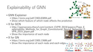 Explainability of GNN
• GNN Explainer
• https://arxiv.org/pdf/1903.03894.pdf
• Show which feature of which node affects the prediction
• X for GCN
• http://openaccess.thecvf.com/content_CVPR_2019/papers/Pope_E
xplainability_Methods_for_Graph_Convolutional_Neural_Networks_C
VPR_2019_paper.pdf
• Show the importance of each node
• X for GN
• https://arxiv.org/pdf/1905.13686.pdf
• Show the importance of each node and each edge
 