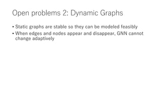 Open problems 2: Dynamic Graphs
• Static graphs are stable so they can be modeled feasibly
• When edges and nodes appear and disappear, GNN cannot
change adaptively
 