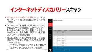 インターネットディスカバリースキャン
 インターネットディスカバリーで、イン
ターネットに面した組織のアセットを検
出可能
 クローリングを使用してパブリックシス
テム上のデータを収集。ロケーション、
トップレベルドメイン、有料ドメイン、
キーワード、ホスト名、IPアドレスに基
づいてデータを検索可能
 検出したホストをスキャングループに追
加して、アクティブスキャンで脆弱性を
スキャン可能
 アクティブスキャンでホストに対して
定期的なシステムスキャンを実行
© F-Secure28
 