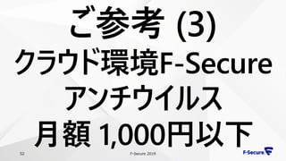 F-Secure 201952
ご参考 (3)
クラウド環境F-Secure
アンチウイルス
月額 1,000円以下
 