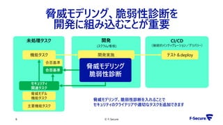 © F-Secure8
未処理タスク 開発
(スクラム/看板)
CI/CD
（継続的インティグレーション／デリバリー）
開発実施 テスト＆deploy機能タスク
セキュリティ
関連タスク
脅威モデリング
脆弱性診断
脅威モデル
機能タスク
主要機能タスク
合否基準
合否基準
脅威モデリング、脆弱性診断を
開発に組み込むことが重要
脅威モデリング、脆弱性診断を入れることで
セキュリティのクライテリアや適切なタスクを追加できます
 