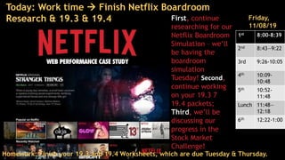 First, continue
researching for our
Netflix Boardroom
Simulation – we’ll
be having the
boardroom
simulation
Tuesday! Second,
continue working
on your 19.3 7
19.4 packets;
Third, we’ll be
discussing our
progress in the
Stock Market
Challenge!
Homework: Finish your 19.3 and 19.4 Worksheets, which are due Tuesday & Thursday.
Friday,
11/08/19
1st 8:00-8:39
2nd 8:43—9:22
3rd 9:26-10:05
4th 10:09-
10:48
5th 10:52-
11:48
Lunch 11:48—
12:18
6th 12:22-1:00
Today: Work time  Finish Netflix Boardroom
Research & 19.3 & 19.4
 