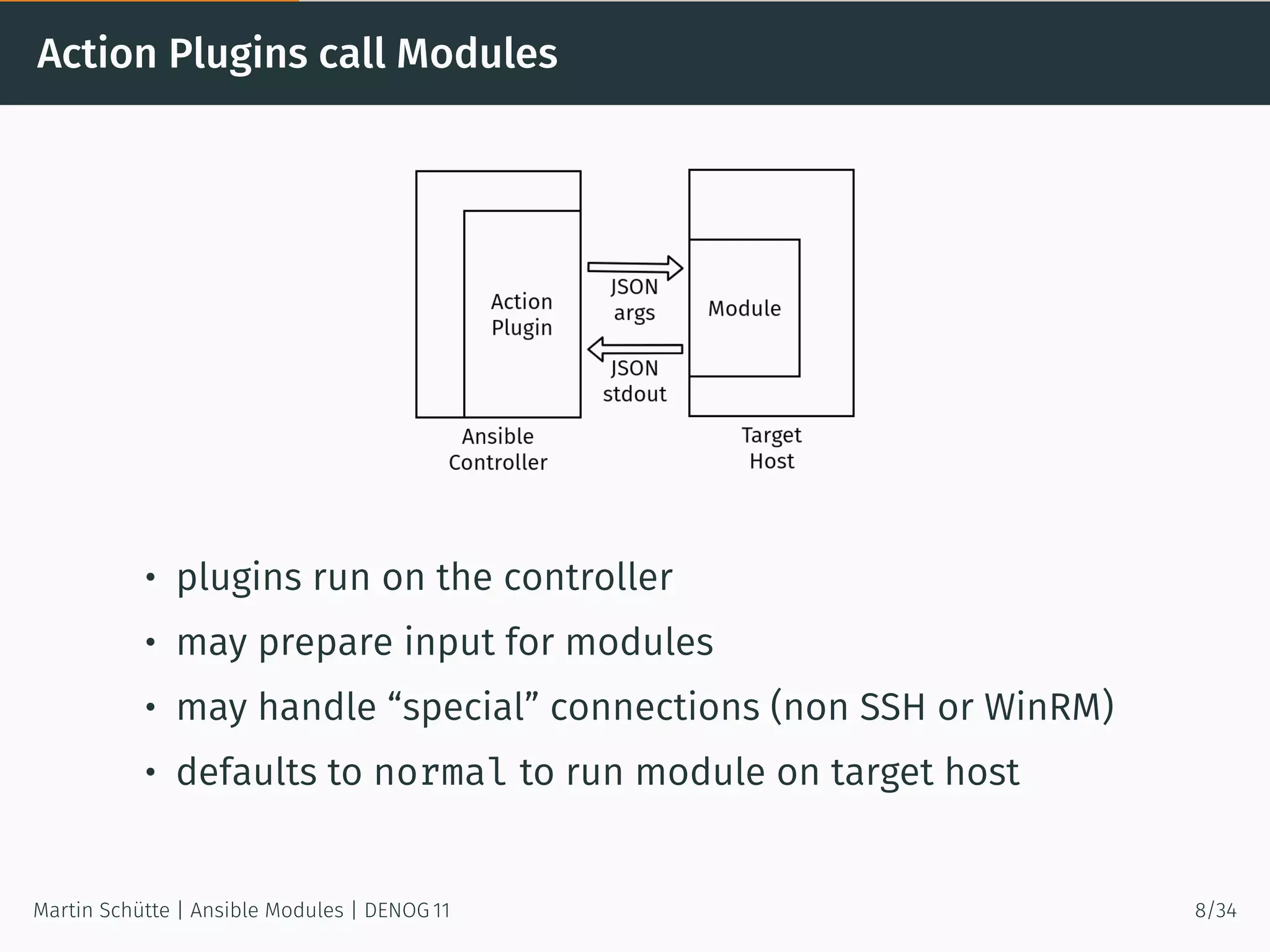 Action Plugins call Modules
• plugins run on the controller
• may prepare input for modules
• may handle “special” connections (non SSH or WinRM)
• defaults to normal to run module on target host
Martin Schütte | Ansible Modules | DENOG 11 8/34
 