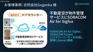 #soracomug
お客様事例：合同会社Gugenka 様
SORACOM Air for Sigfox、
SORACOM Funnel、
バイナリーパーサーを利用し
簡単にAzureと接続
不動産空き物件管理
サービスにSORACOM
Air for SigfoxAzure
SORACOM
Funnel
 