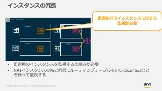 © 2019, Amazon Web Services, Inc. or its Affiliates. All rights reserved.
インスタンスの冗長
• 監査用のインスタンスを監視する仕組みが必要
• NATインスタンスの時と同様にルーティングテーブルをいじるLambdaなど
を作って監視する
VPC – 10.1.0.0/16
SubnetSubnet
M
Subnet Subnet
M
監査を行うインスタンスに対する
監視が必要
 