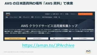 © 2019, Amazon Web Services, Inc. or its Affiliates. All rights reserved.
AWS の日本語資料の場所「AWS 資料」で検索
https://amzn.to/JPArchive
 
