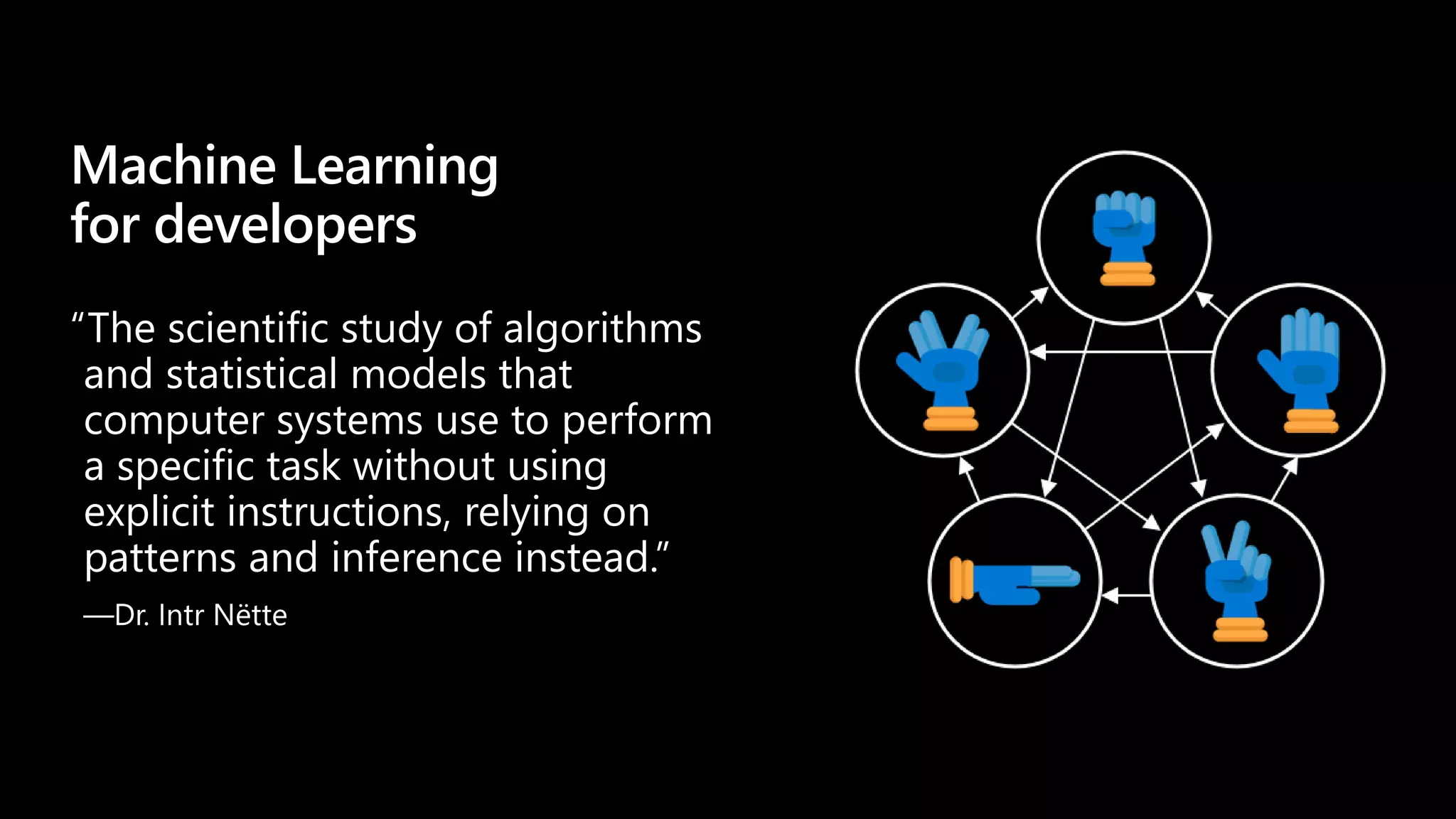 Machine Learning
for developers
“The scientific study of algorithms
and statistical models that
computer systems use to perform
a specific task without using
explicit instructions, relying on
patterns and inference instead.”