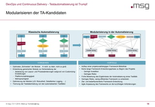 DevOps und Continuous Delivery - Testautomatisierung ist Trumpf
Modularisieren der TA-Kandidaten
© msg | 13.11.2019 | Meet-up Techtalks@msg 19
Klassische Automatisierung Modularisierung in der Automatisierung
• Aufbau einer projektunabhängigen Framework-Bibliothek
• Keine lange Framework-Entwicklungsphase zu Beginn des Projekts
 Geringe Investition
 Geringes Risiko
• Frühe Bewertung des Ergebnisses der Automatisierung eines Testfalls
• Geringes Risiko, wenig effizientes Framework zu entwickeln
• Ziel- und bedarfsorientierte Framework-Entwicklung
• Agile Anpassung des Frameworks an die kurzfristgen Anforderungen
• Optimales „Schneiden“ der Module  nicht zu klein, nicht zu groß
• Entwicklung generischer Module zur Sicherstellung der
 Abdeckung von Layout- und Prozessänderungen aufgrund von Customizing-
Einstellungen
 Plattformunabhängigkeit
 Mehrsprachigkeit
• Optimierung der Module (z.B. Robustheit, Detailliertes Logging, …)
• Trennung der Testdatenhaltung von den automatisierten Testfällen
VORGEHEN VORTEILE
 