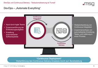Continuous
Integration
Continuous
Delivery
DevOps und Continuous Delivery - Testautomatisierung ist Trumpf
DevOps – „Automate Everything“
“Continuous Deployment”
Weiterführung des Continuous Delivery Ansatzes durch aut. Bereitstellung
• Input durch Agile Teams
• Zusammenführung der
Entwicklungsaufgaben
• Erstellung
automatisierter
Softwarepakete
• Weiterentwicklung von
Continuous Integration
• Zusammenschluss von
automatisierter Erstellung,
Testen und Lieferung in
einen Prozess
© msg | 13.11.2019 | Meet-up Techtalks@msg 6
 