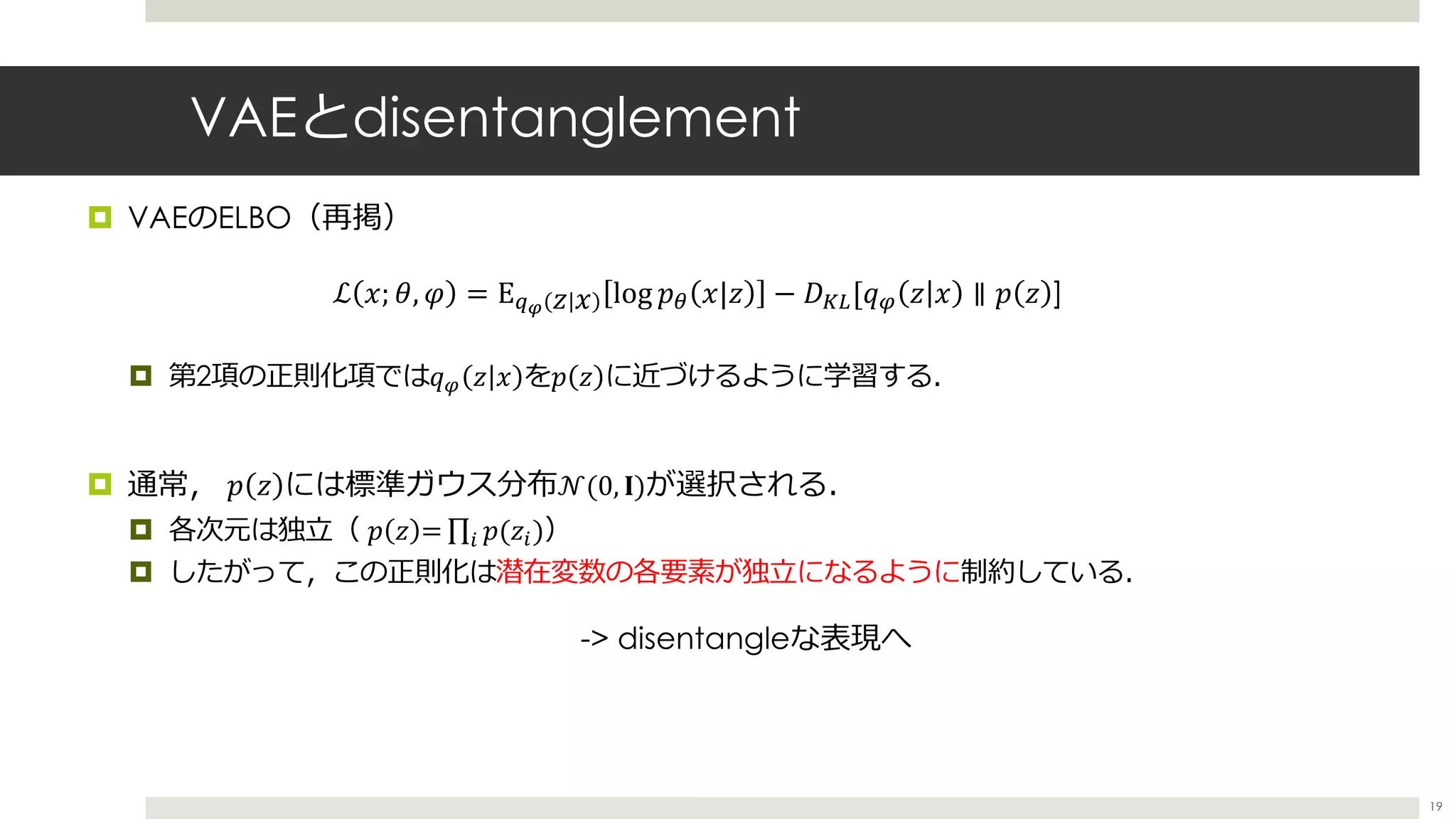 VAEとdisentanglement
¤ VAEのELBO（再掲）
¤ 第2項の正則化項では𝑞T 𝑧 𝑥 を𝑝 𝑧 に近づけるように学習する．
¤ 通常， 𝑝 𝑧 には標準ガウス分布 𝒩(0, 𝐈)が選択される．
¤ 各次元は独⽴（ 𝑝 𝑧 = ∏1 𝑝(𝑧1)）
¤ したがって，この正則化は潜在変数の各要素が独⽴になるように制約している．
-> disentangleな表現へ
ℒ 𝑥; 𝜃, 𝜑 = E]^ 𝑧 𝑥 log 𝑝" 𝑥|𝑧 − 𝐷67[𝑞T 𝑧 𝑥 ∥ 𝑝 𝑧 ]
19
 