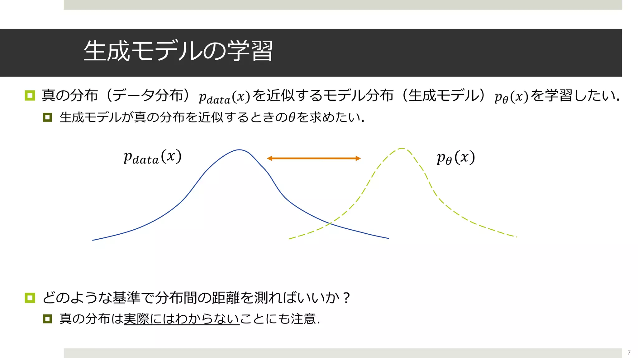 ⽣成モデルの学習
¤ 真の分布（データ分布）𝑝,-.-(𝑥)を近似するモデル分布（⽣成モデル）𝑝"(𝑥)を学習したい．
¤ ⽣成モデルが真の分布を近似するときの 𝜃を求めたい．
¤ どのような基準で分布間の距離を測ればいいか︖
¤ 真の分布は実際にはわからないことにも注意．
𝑝"(𝑥)𝑝,-.-(𝑥)
7
 