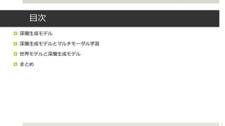 ⽬次
¤ 深層⽣成モデル
¤ 深層⽣成モデルとマルチモーダル学習
¤ 世界モデルと深層⽣成モデル
¤ まとめ
3
 