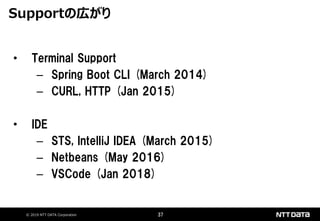 © 2019 NTT DATA Corporation 37
• Terminal Support
– Spring Boot CLI (March 2014)
– CURL, HTTP (Jan 2015)
• IDE
– STS, IntelliJ IDEA (March 2015)
– Netbeans (May 2016)
– VSCode (Jan 2018)
Supportの広がり
 