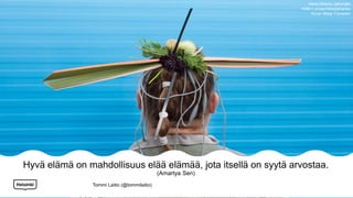 Hyvä elämä on mahdollisuus elää elämää, jota itsellä on syytä arvostaa.
(Amartya Sen)
Tommi Laitio (@tommilaitio)
Vieno Motors Jakomäki
HAM:n prosenttitaidehanke
Kuva: Maija Toivanen
 