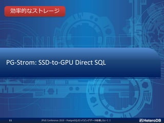 PG-Strom: SSD-to-GPU Direct SQL
効率的なストレージ
JPUG Conference 2019 - PostgreSQLだってビッグデータ処理したい！！11
 