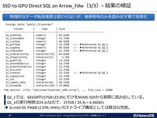 SSD-to-GPU Direct SQL on Arrow_Fdw（3/3）– 結果の検証
Foreign table "public.flineorder"
Column | Type | Size
--------------------+---------------+--------------------------------
lo_orderkey | numeric | 89.42GB
lo_linenumber | integer | 22.37GB
lo_custkey | numeric | 89.42GB
lo_partkey | integer | 22.37GB <-- ★Referenced by Q2_1
lo_suppkey | numeric | 89.42GB <-- ★Referenced by Q2_1
lo_orderdate | integer | 22.37GB <-- ★Referenced by Q2_1
lo_orderpriority | character(15) | 83.82GB
lo_shippriority | character(1) | 5.7GB
lo_quantity | integer | 22.37GB
lo_extendedprice | integer | 22.37GB
lo_ordertotalprice | integer | 22.37GB
lo_discount | integer | 22.37GB
lo_revenue | integer | 22.37GB <-- ★Referenced by Q2_1
lo_supplycost | integer | 22.37GB
lo_tax | integer | 22.37GB
lo_commit_date | character(8) | 44.71GB
lo_shipmode | character(10) | 55.88GB
FDW options: (file '/opt/nvme/lineorder_s401.arrow') ... file size = 310GB
▌Q2_1では、681GB中157GB (23.0%) だけをNVME-SSDから実際に読み出している。
▌Q2_1の実行時間は24.3sなので、157GB / 24.3s = 6.46GB/s
➔ 3x Intel DC P4600 (2.0TB; HHHL) のストライプ構成としては穏当な性能。
物理的なデータ転送速度は変わらないが、被参照列のみを読み出す事で効率化
JPUG Conference 2019 - PostgreSQLだってビッグデータ処理したい！！27
 