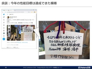 余談：今年の性能目標は達成できた模様
JPUG Conference 2019 - PostgreSQLだってビッグデータ処理したい！！52
 