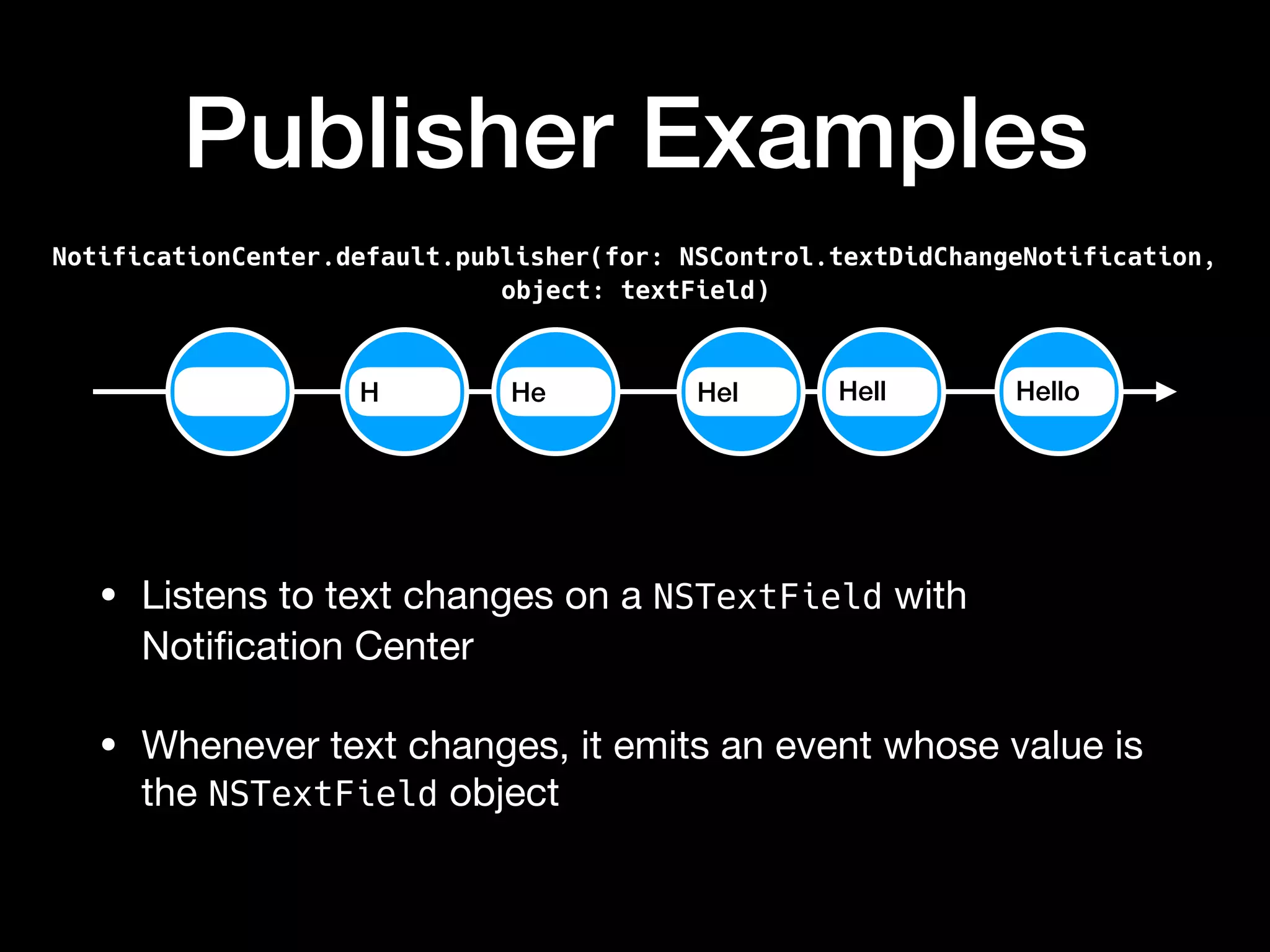 NotificationCenter.default.publisher(for: NSControl.textDidChangeNotification,
object: textField)
HelloH He Hel Hell
Publisher Examples
• Listens to text changes on a NSTextField with
Notiﬁcation Center

• Whenever text changes, it emits an event whose value is
the NSTextField object
 