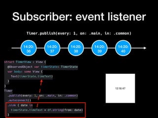 Subscriber: event listener
struct TimerView : View {
@ObservedObject var timerState: TimerState
var body: some View {
Text(timerState.timeText)
}
}
Timer
.publish(every: 1, on: .main, in: .common)
.autoconnect()
.sink { date in
timerState.timeText = df.string(from: date)
}
Timer.publish(every: 1, on: .main, in: .common)
14:20:
36
14:20:
37
14:20:
38
14:20:
39
14:20:
40
 