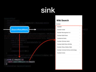 $searchText
.dropFirst(1)
.debounce(for: 1, scheduler: RunLoop.main)
.removeDuplicates()
.filter { $0.count > 0 }
.compactMap { $0.addingPercentEncoding(withAllowedCharacters: .urlHostAllowed) }
.flatMap { searchText in
URLSession.DataTaskPublisher(request: URLRequest(url: URL(string: "https://
en.wikipedia.org/w/api.php?action=opensearch&search=(searchText)&limit=
(self.limit)&namespace=0&format=json")!), session: .shared)
.map { $0.data }
.catch { err -> Just<Data?> in
print(err)
return Just(nil)
}
.compactMap { $0 }
}
.compactMap { self.parseSearchResult(data: $0) }
.receive(on: RunLoop.main)
.sink { result in
self.searchResult = result
}
.store(in: &cancellable)
sink
[SearchResultItem]
 