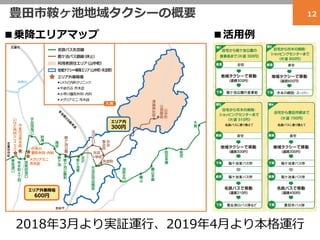 豊田市鞍ヶ池地域タクシーの概要 12
■乗降エリアマップ ■活用例
2018年3月より実証運行、2019年4月より本格運行
 