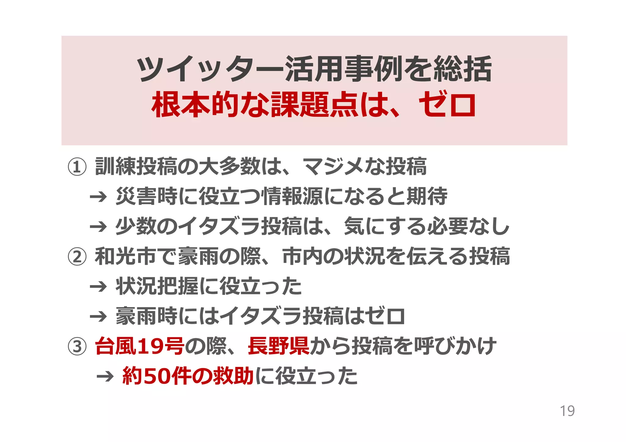 ① 訓練投稿の大多数は、マジメな投稿
➔ 災害時に役立つ情報源になると期待
➔ 少数のイタズラ投稿は、気にする必要なし
② 和光市で豪雨の際、市内の状況を伝える投稿
➔ 状況把握に役立った
➔ 豪雨時にはイタズラ投稿はゼロ
③ 台風19号の際、⾧野県から投稿を呼びかけ
➔ 約50件の救助に役立った
ツイッター活用事例を総括
根本的な課題点は、ゼロ
19
 