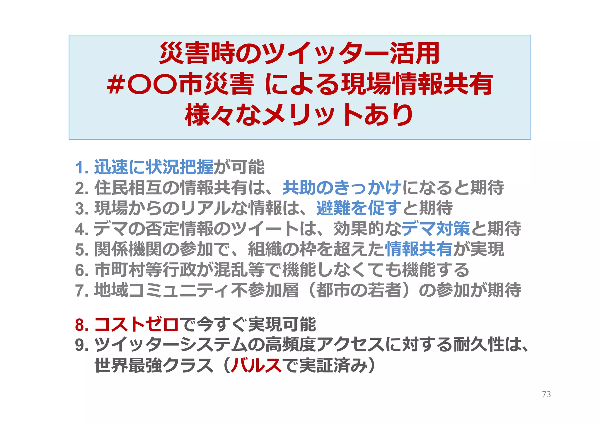災害時のツイッター活用
#〇〇市災害 による現場情報共有
様々なメリットあり
1. 迅速に状況把握が可能
2. 住民相互の情報共有は、共助のきっかけになると期待
3. 現場からのリアルな情報は、避難を促すと期待
4. デマの否定情報のツイートは、効果的なデマ対策と期待
5. 関係機関の参加で、組織の枠を超えた情報共有が実現
6. 市町村等行政が混乱等で機能しなくても機能する
7. 地域コミュニティ不参加層（都市の若者）の参加が期待
8. コストゼロで今すぐ実現可能
9. ツイッターシステムの高頻度アクセスに対する耐久性は、
世界最強クラス（バルスで実証済み）
73
 