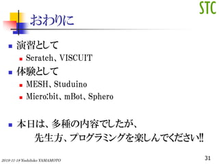 
? Ȥ
? ScratchVISCUIT
? YȤ
? MESHStuduino
? Micro:bitmBotSphero
? դϡNݤǤ
ץߥ󥰤SǤ!!
312019-11-18 Yoshihiko YAMAMOTO
 