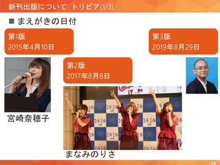 新刊出版について: トリビア(1/3)
 まえがきの日付
10
第1版
2015年4月10日
第2版
2017年8月8日
第3版
2019年8月29日
宮崎奈穂子
まなみのりさ
 