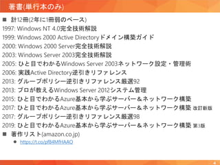 著書(単行本のみ)
 計12冊(2年に1冊弱のペース)
1997: Windows NT 4.0完全技術解説
1999: Windows 2000 Active Directoryドメイン構築ガイド
2000: Windows 2000 Server完全技術解説
2003: Windows Server 2003完全技術解説
2005: ひと目でわかるWindows Server 2003ネットワーク設定・管理術
2006: 実践Active Directory逆引きリファレンス
2013: グループポリシー逆引きリファレンス厳選92
2013: プロが教えるWindows Server 2012システム管理
2015: ひと目でわかるAzure基本から学ぶサーバー＆ネットワーク構築
2017: ひと目でわかるAzure基本から学ぶサーバー＆ネットワーク構築 改訂新版
2017: グループポリシー逆引きリファレンス厳選98
2019: ひと目でわかるAzure基本から学ぶサーバー＆ネットワーク構築 第3版
 著作リスト(amazon.co.jp)
 https://t.co/pf84MfHAAO
4
 