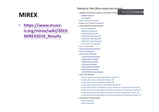 MIREX
• https://www.music-
ir.org/mirex/wiki/2019:
MIREX2019_Results
10
 