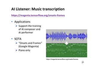 AI Listener: Music transcription
https://magenta.tensorflow.org/onsets-frames
• Applications
 Support the training
of AI composer and
AI performer
• SOTA
 “Onsets and Frames”
(Google Magenta)
 Piano only
21
https://magenta.tensorflow.org/onsets-frames
 