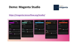 Demo: Magenta Studio
https://magenta.tensorflow.org/studio/
 
