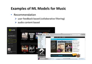 Examples of ML Models for Music
• Recommendation
 user feedback based (collaborative filtering)
 audio content based
5
 