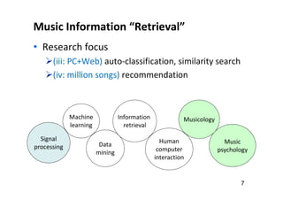 Music Information “Retrieval”
• Research focus
(iii: PC+Web) auto-classification, similarity search
(iv: million songs) recommendation
7
Machine
learning
Signal
processing Data
mining
Information
retrieval
Music
psychology
Musicology
Human
computer
interaction
 