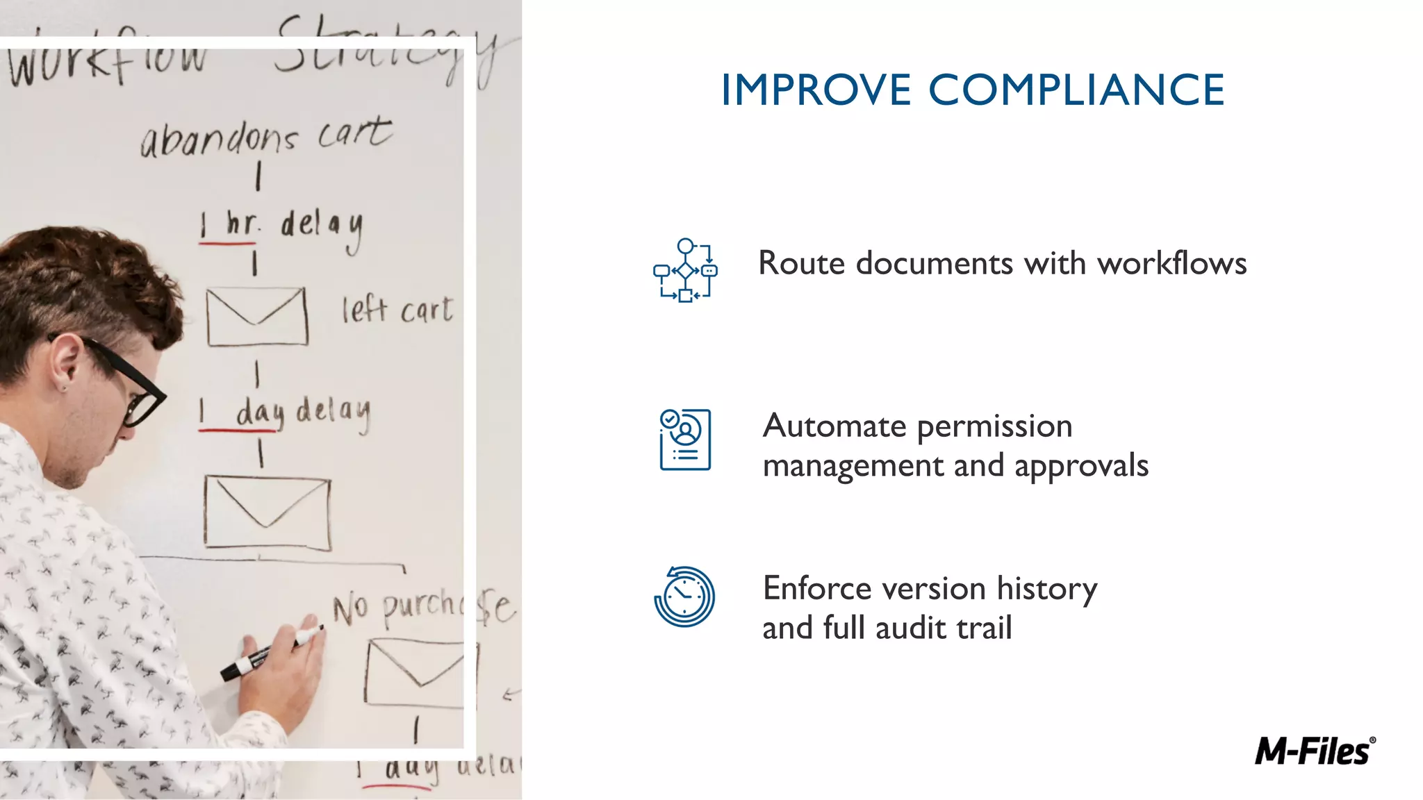 IMPROVE COMPLIANCE
Route documents with workflows
Automate permission
management and approvals
Enforce version history
and full audit trail
 