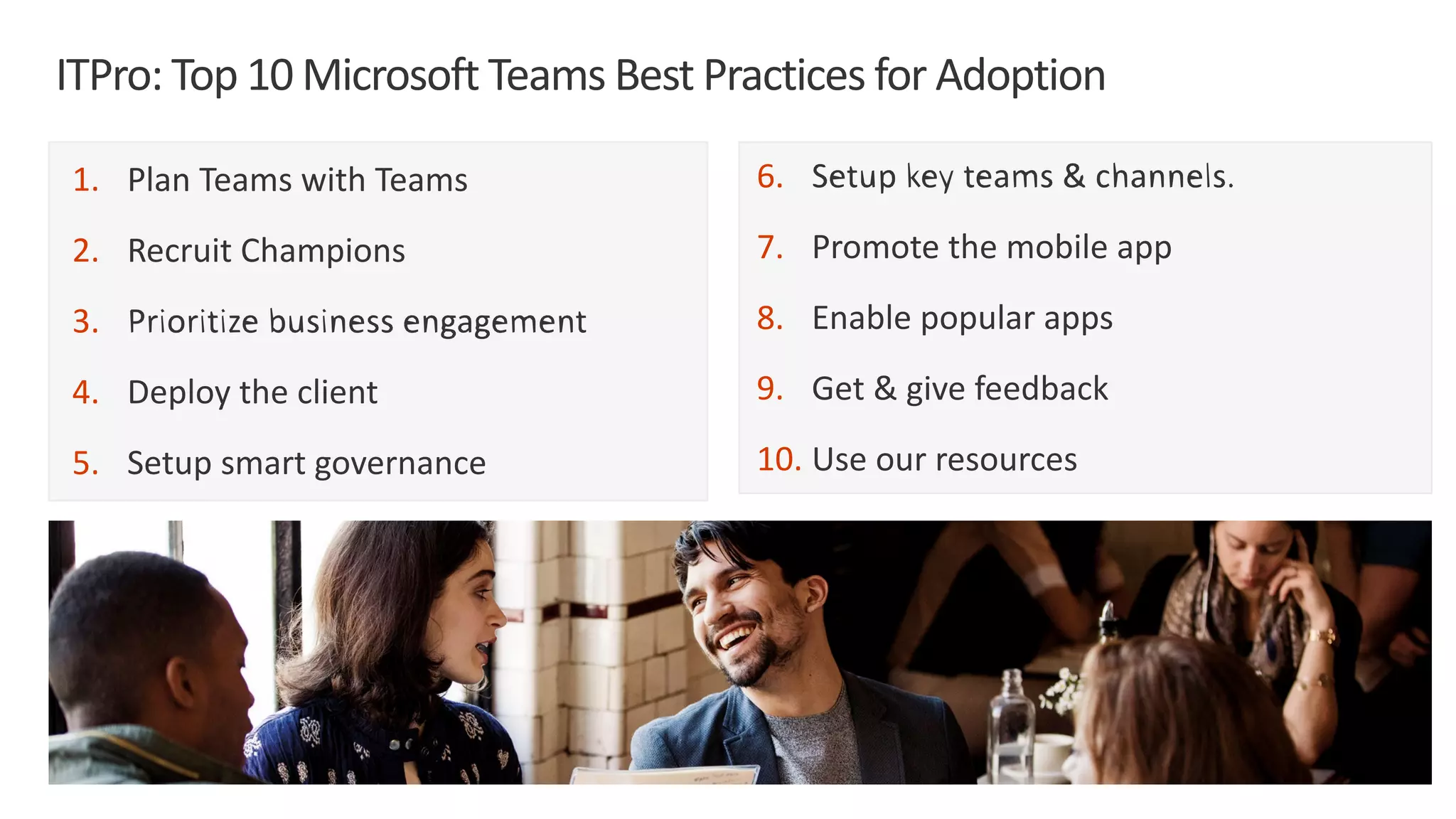 ITPro: Top 10 Microsoft Teams Best Practices for Adoption
1.
2.
3.
4.
5.
6.
7.
8.
9.
10.
 