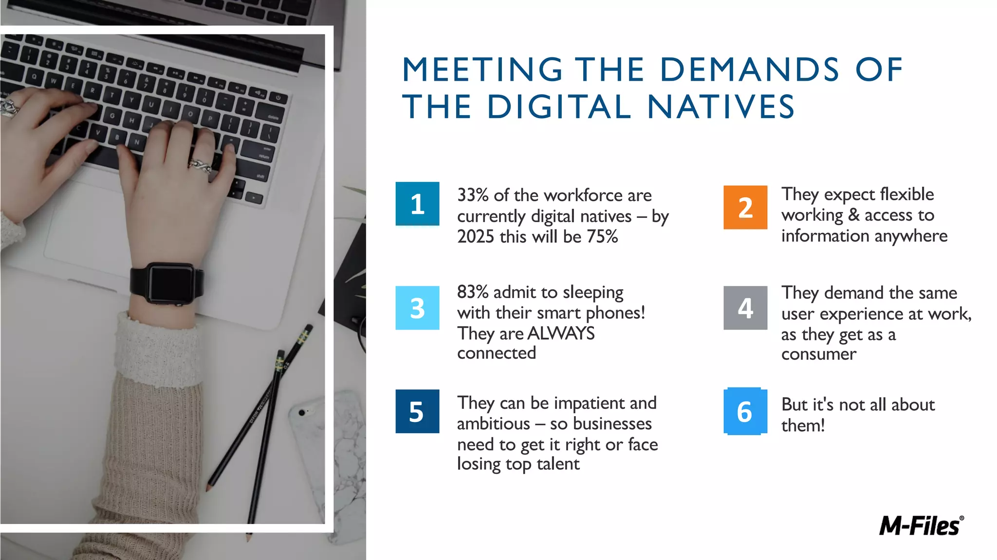 MEETING THE DEMANDS OF
THE DIGITAL NATIVES
33% of the workforce are
currently digital natives – by
2025 this will be 75%
They can be impatient and
ambitious – so businesses
need to get it right or face
losing top talent
83% admit to sleeping
with their smart phones!
They are ALWAYS
connected
They demand the same
user experience at work,
as they get as a
consumer
1 2
3 4
5
They expect flexible
working & access to
information anywhere
6 But it's not all about
them!
 